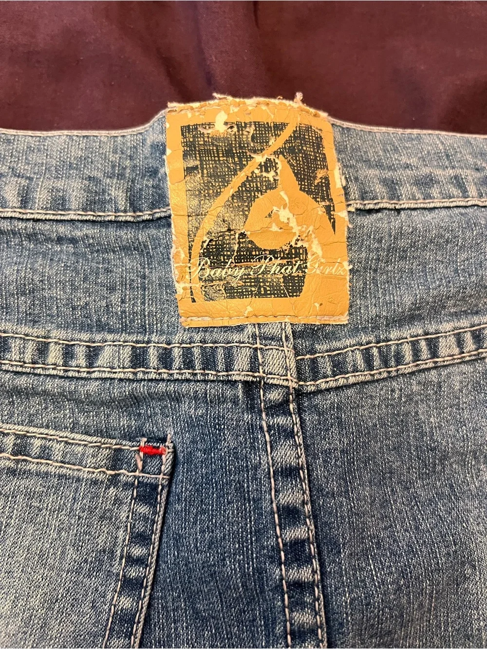 Baby Phat Patchwork Denim Mini Skirt in Light Blue with Red Accents